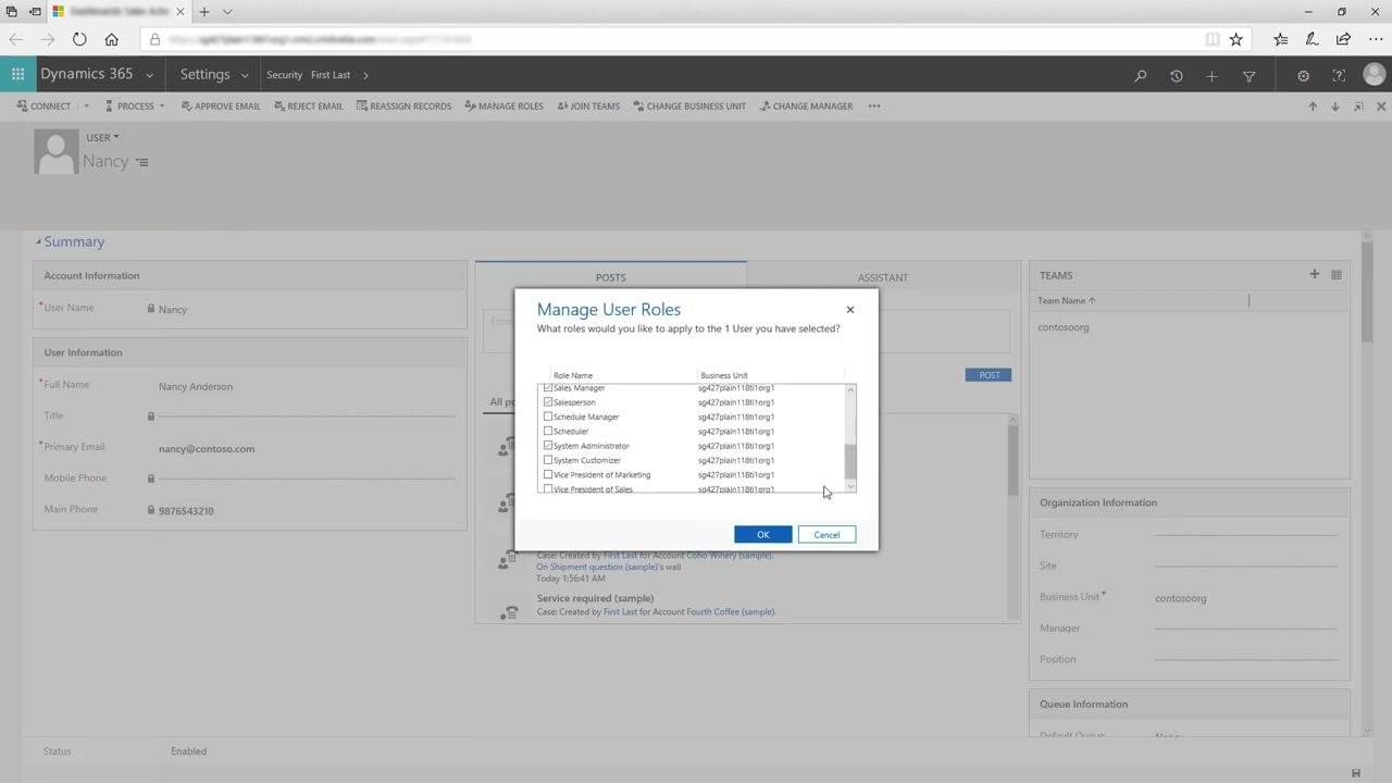 Diagram showing Dynamics 365 with a single root business unit and users organized beneath it.