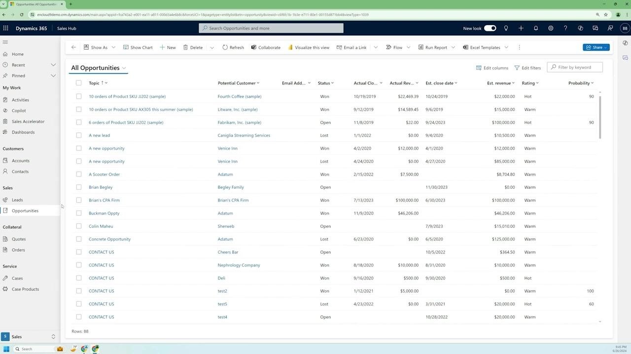 The Dynamics 365 Sales Hub interface with the Opportunities section selected, showing a list of opportunities with columns for Topic, Potential Customer, Email Address, Status, Actual Close Date, Actual Revenue, Estimated Close Date, Estimated Revenue, Rating, and Probability.
