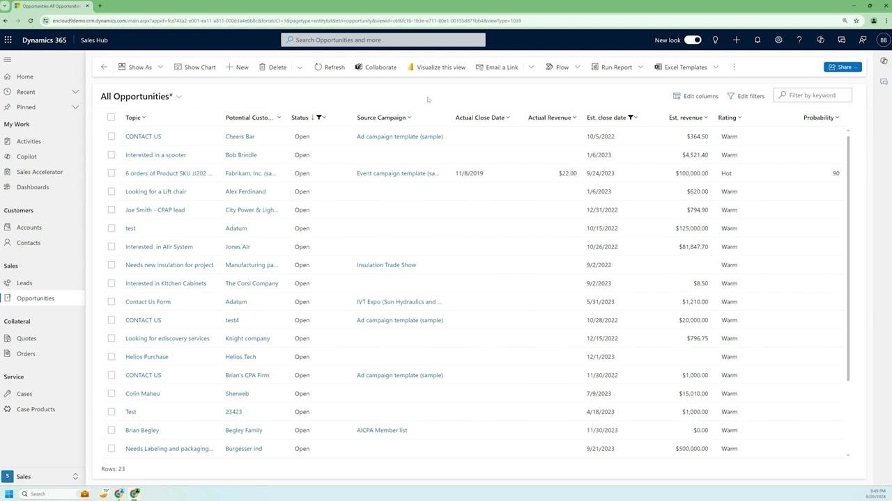 The "All Opportunities" grid is displayed with custom columns and filters applied, showing 23 rows.
