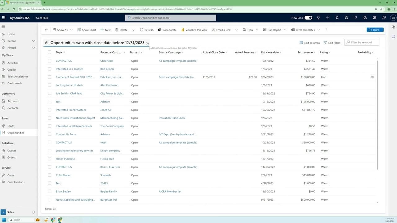 The grid now displays the new view name at the top, confirming the view has been saved and is active.