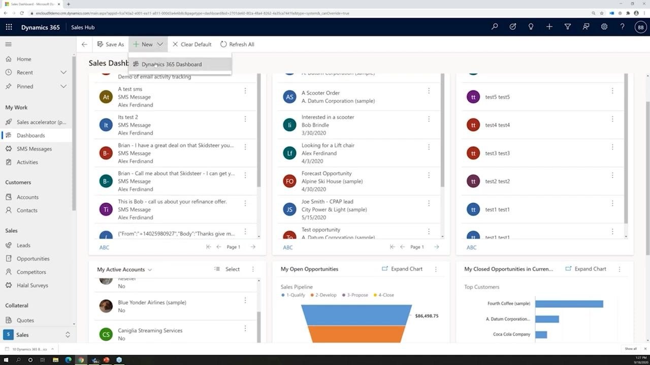 The user clicks "New" and selects "Dynamics 365 Dashboard" from the dropdown menu.