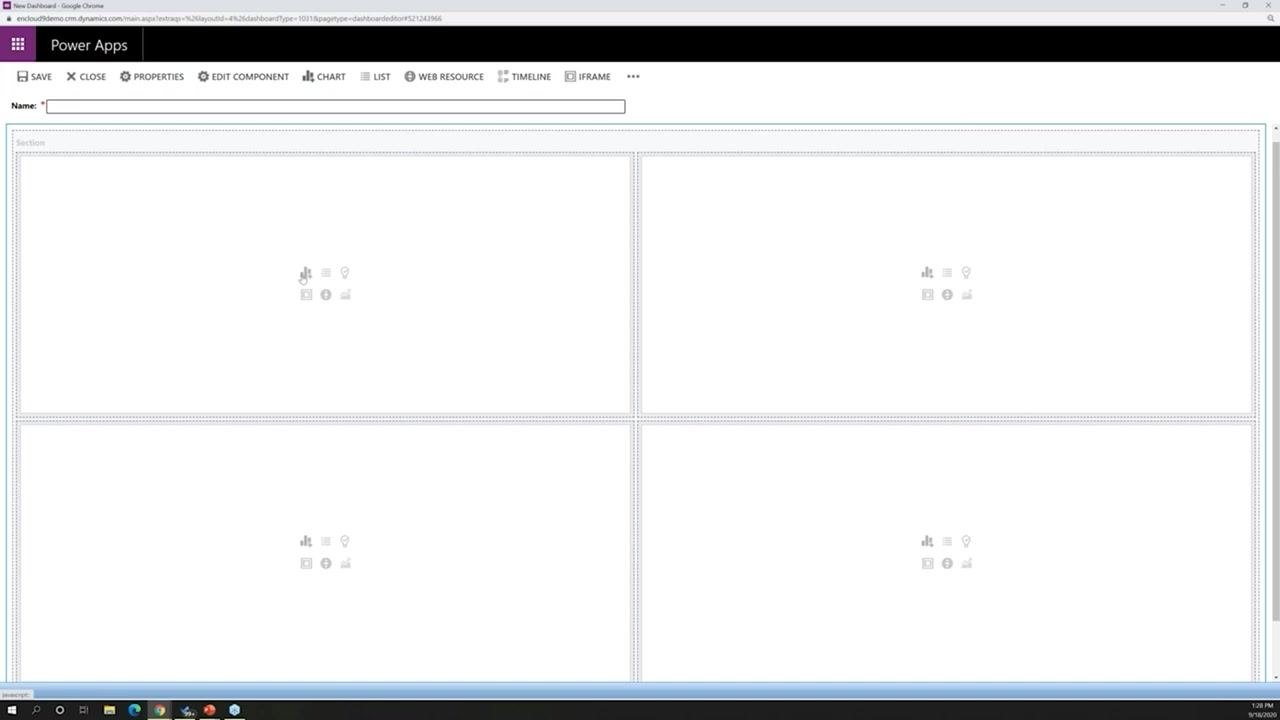 The dashboard editor shows the "Activities by Month Due" chart added to the first section.