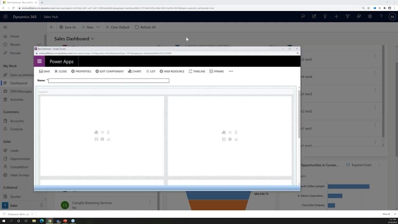 The Add Component dialog is open, with the Record Type dropdown visible and a chart preview shown.