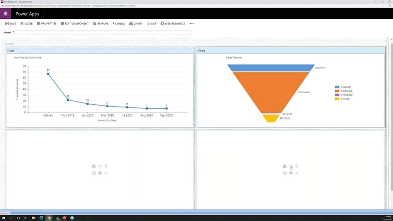 The dashboard editor shows charts in the top two sections, ready to insert a list in the lower section.