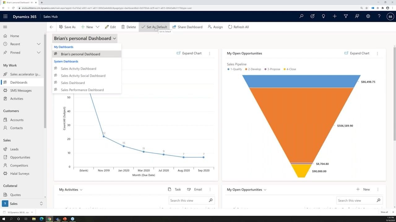 The dashboard editor shows "Brian's personal Dashboard" entered in the Name field, with charts and lists visible.