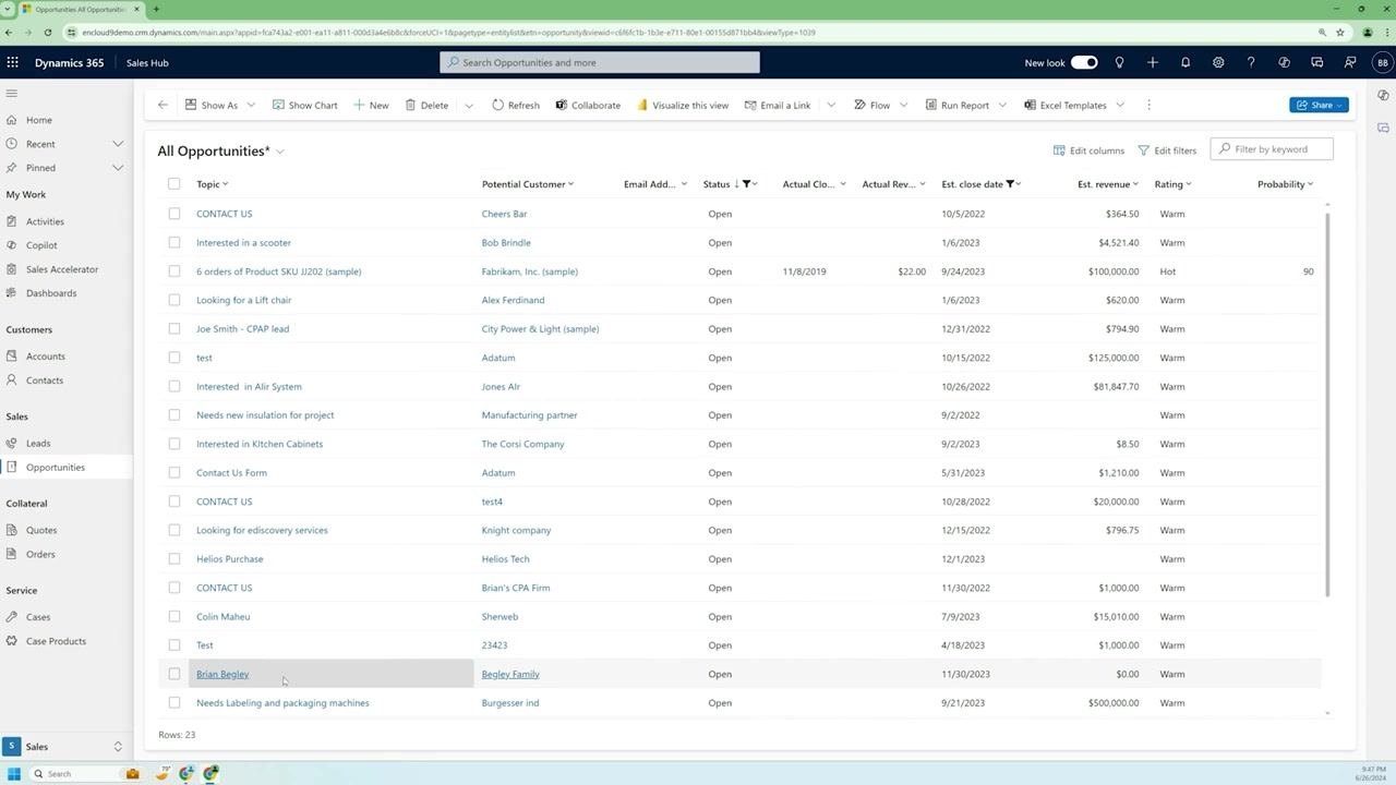 The filtered "All Opportunities" view showing 23 open opportunities with estimated close dates on or before 1/1/2024.