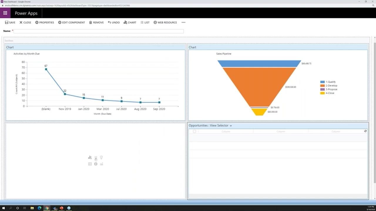 The dashboard editor shows two charts and two blank sections, with the user about to insert a list component.