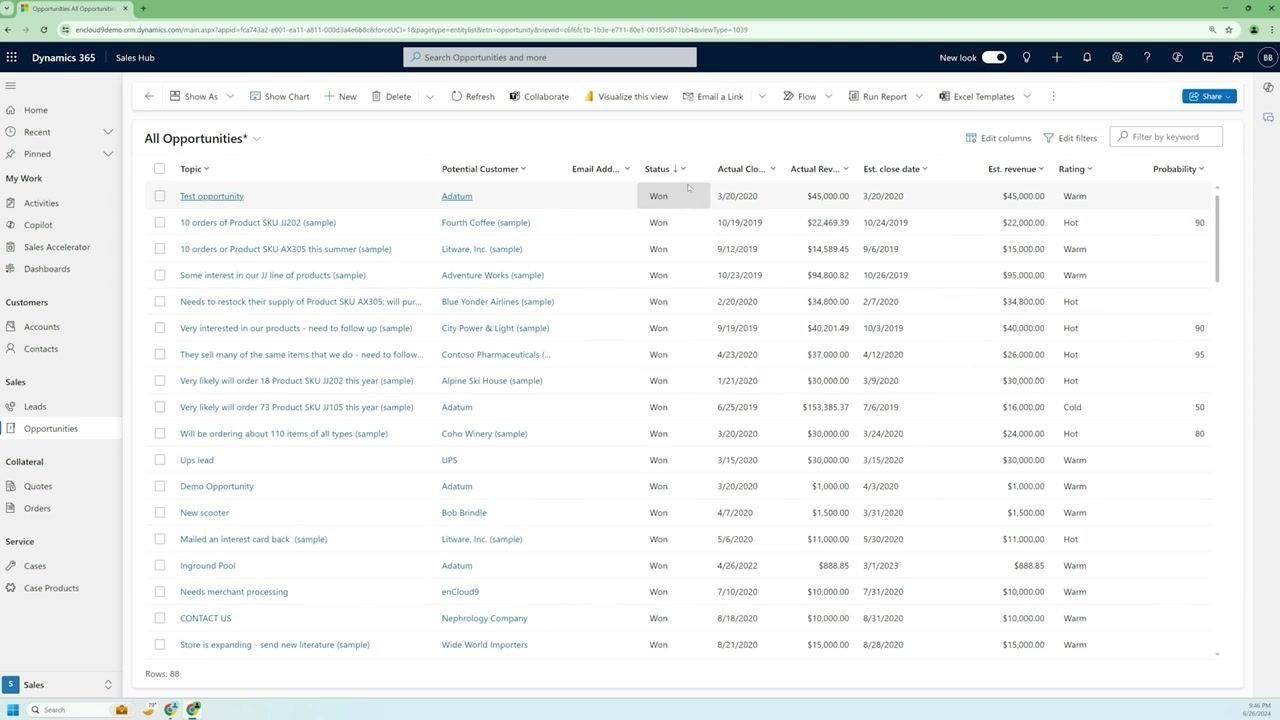 The cursor hovers over the "Status" column header in the All Opportunities view, marking the start of the filtering process.