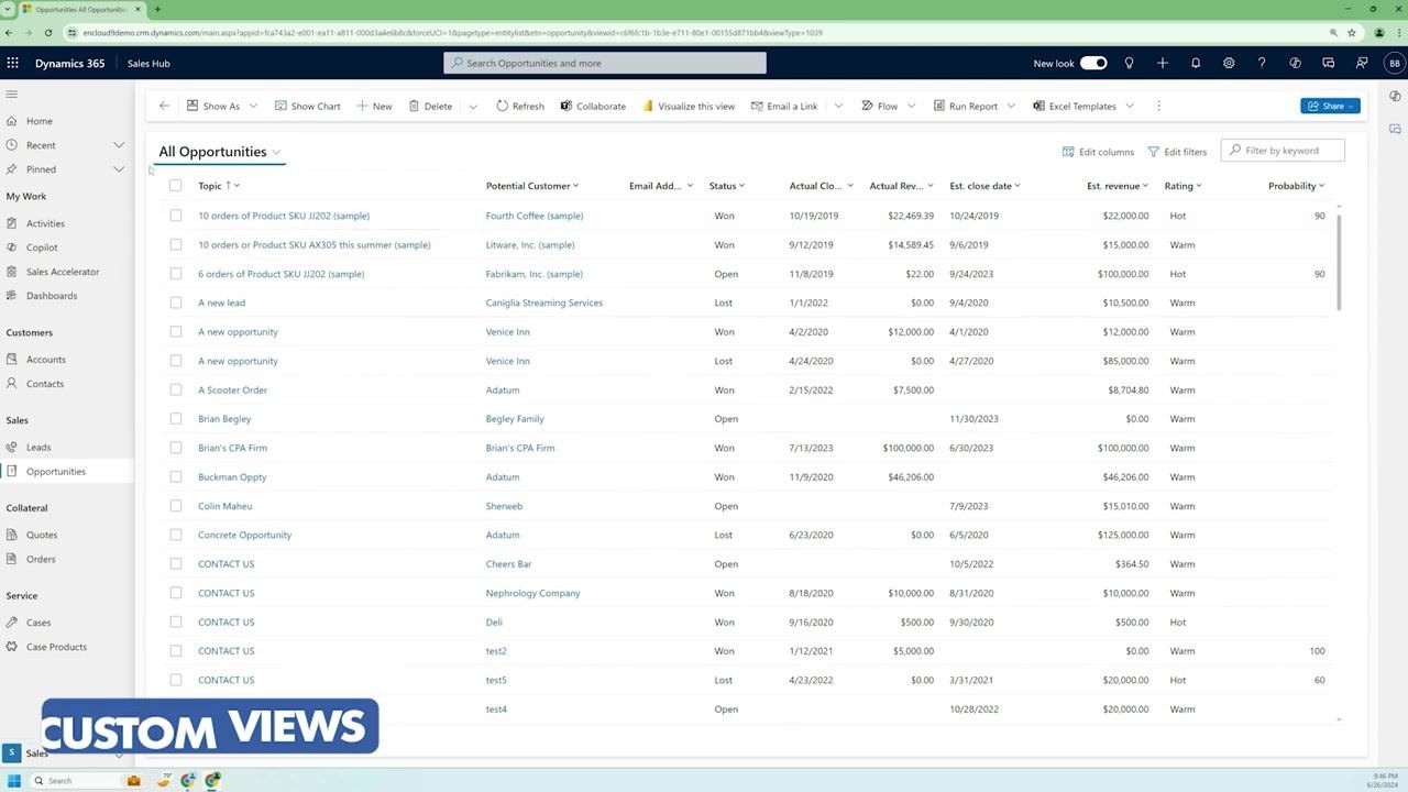 The "All Opportunities" view in Dynamics 365, displaying a grid of opportunities with various statuses and details.