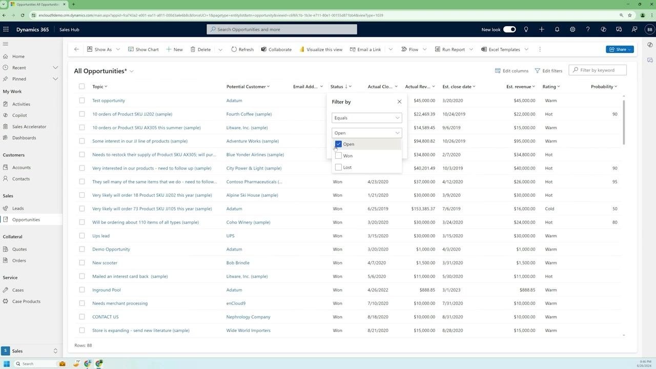The filter menu is open on the "Status" column, with "Equals" selected and "Open" checked.