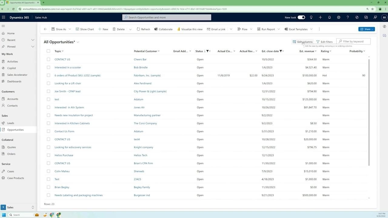 The "Edit columns: Opportunities" panel is open, with the "Remove" option selected for the "Email Address" column.