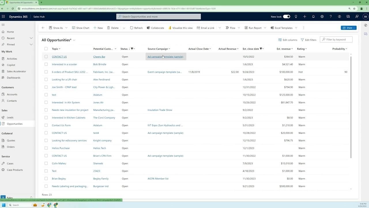 The "All Opportunities" view with the "Source Campaign" column visible, showing filtered results and campaign data.
