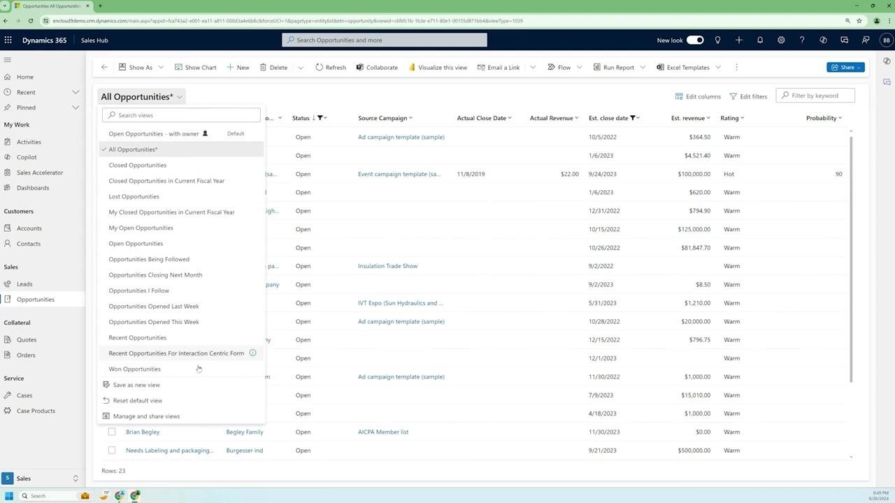 The view selector dropdown is open, displaying a list of available views and options at the bottom.