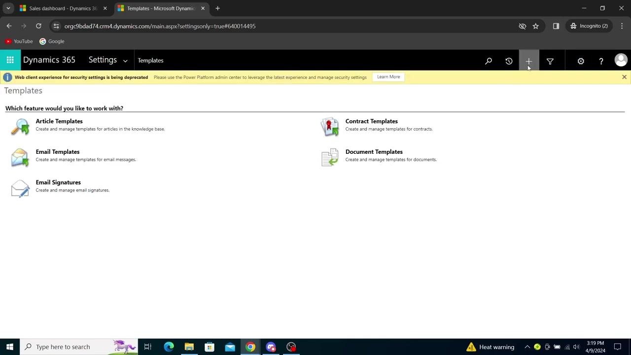 Templates screen in Dynamics 365 showing Article, Email, Contract, and Document Templates, with the plus icon highlighted