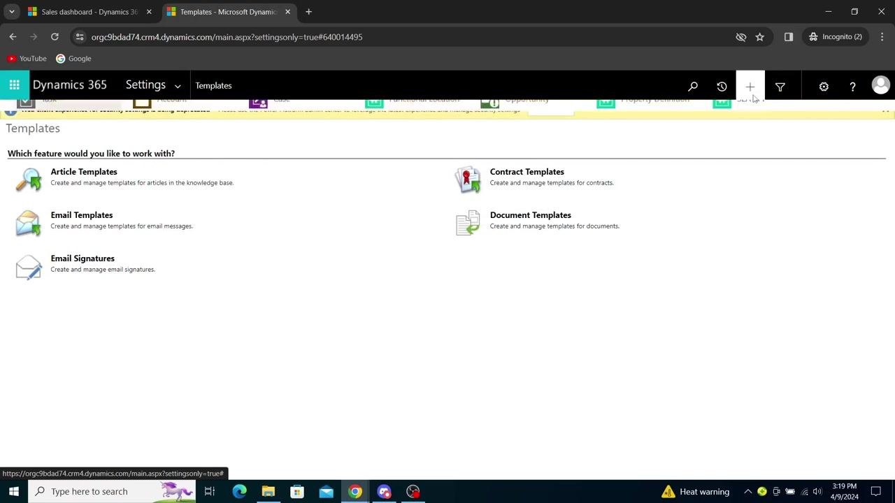 Templates screen in Dynamics 365 with the plus icon selected, ready to choose Word Template