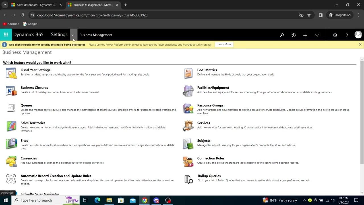 Business Management screen with various management options