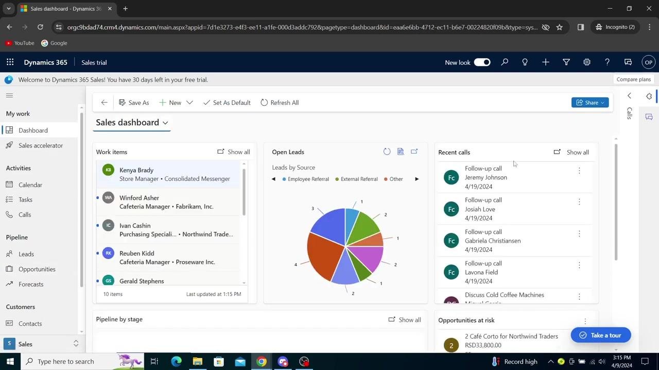 Dynamics 365 dashboard with sidebar navigation and open opportunities chart