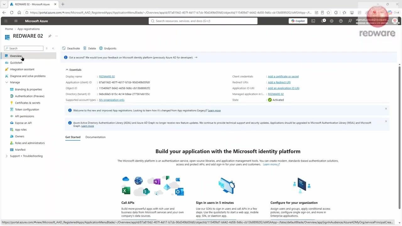 Certificates & secrets screen in Azure with the Add a client secret panel open, description set to Redware Connector, expiry set to 180 days, and no client secrets created yet.