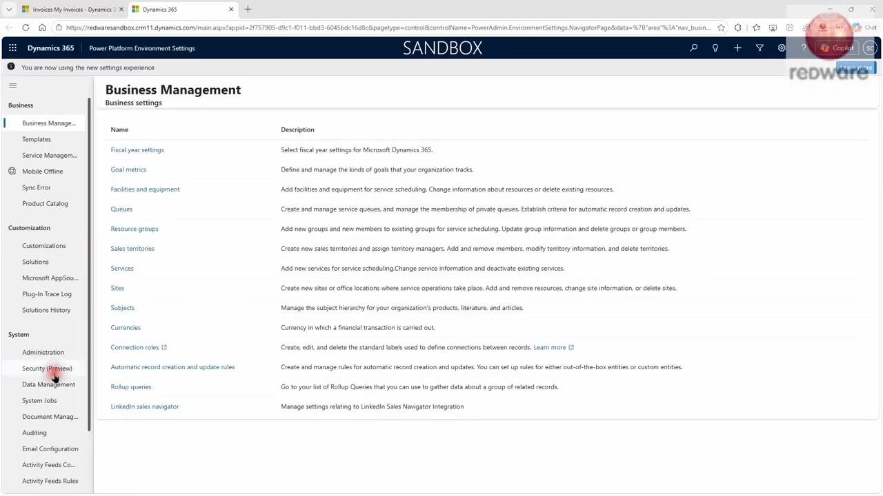 Dynamics 365 Business Management settings screen with the left navigation showing the Security (Preview) and Users section.
