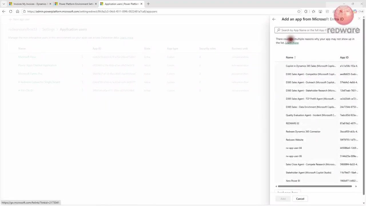 Application users list in Dynamics 365 showing existing app users with columns for Name, App ID, State, App type, Security roles, and Business unit.