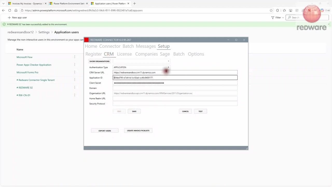 Security roles selection panel with Redware Billing and Sales Manager roles visible and selected.