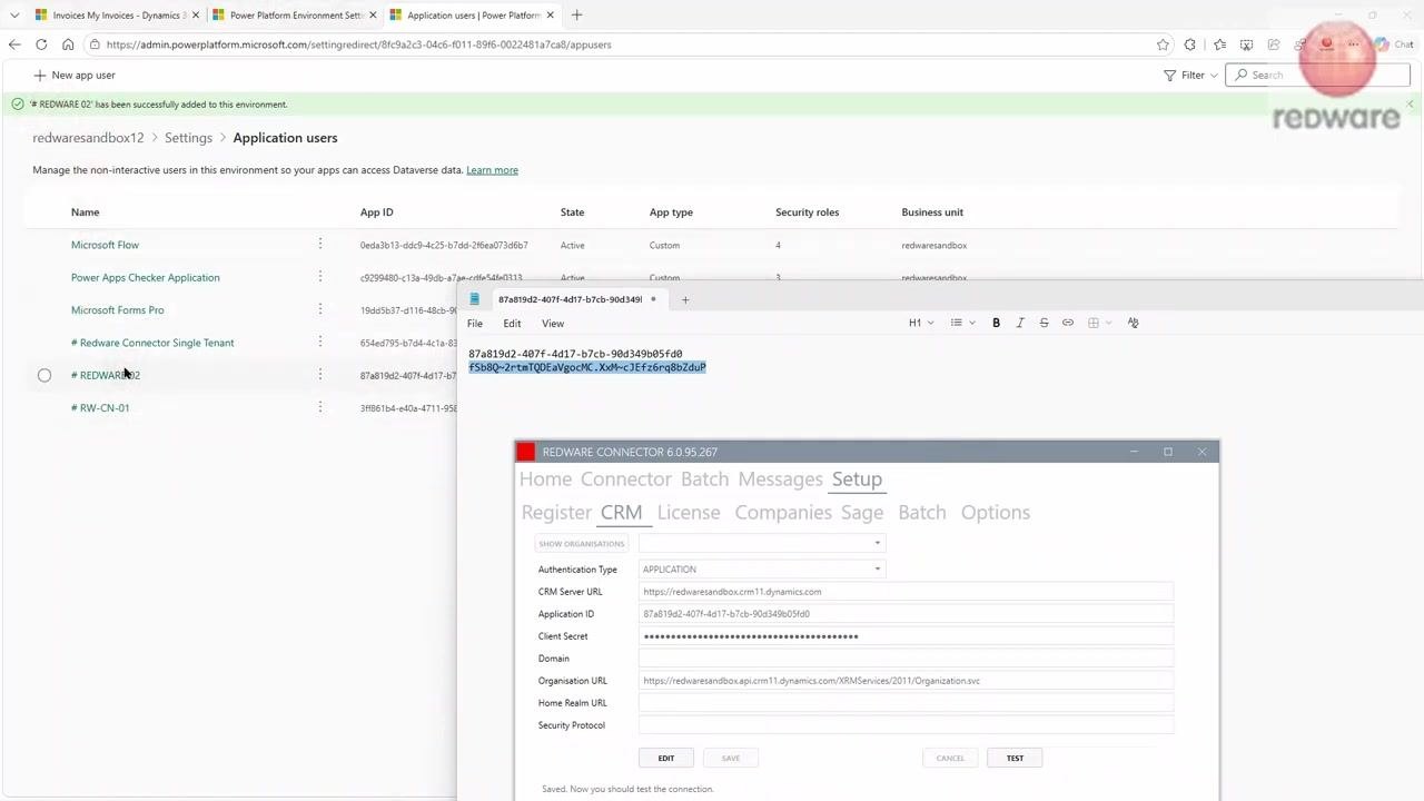 Redware Connector application setup screen with Application ID and Client Secret fields filled, and the Application users list in the background showing REDWARE 02.