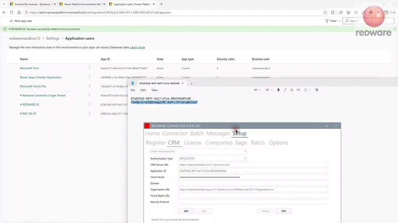 Redware Connector application setup screen and Application users list, confirming successful configuration.
