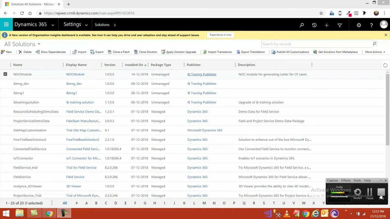 Dynamics 365 Solutions list with all columns and toolbar options visible. The NOCModule solution is selected.