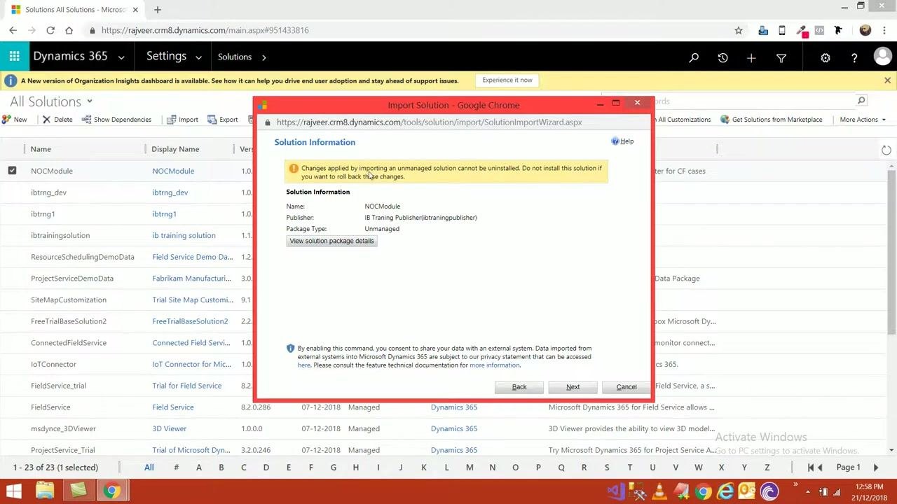 Import Solution dialog with solution information and warning about unmanaged solutions. NOCModule is selected in the background.