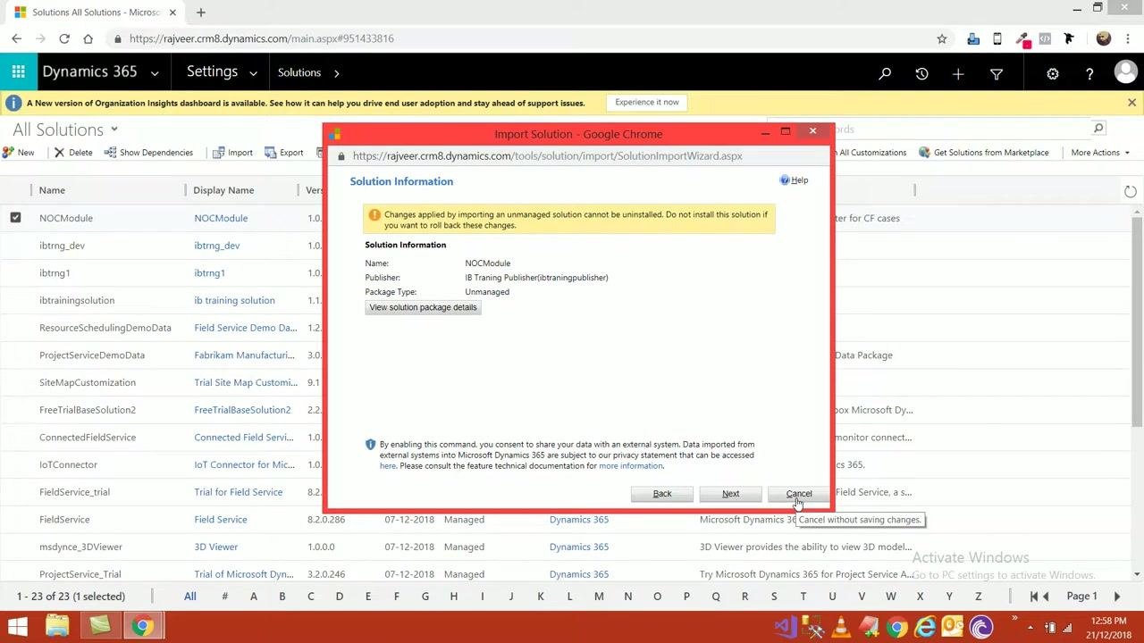 Cursor hovering over the Cancel button in the Import Solution dialog, tooltip visible.