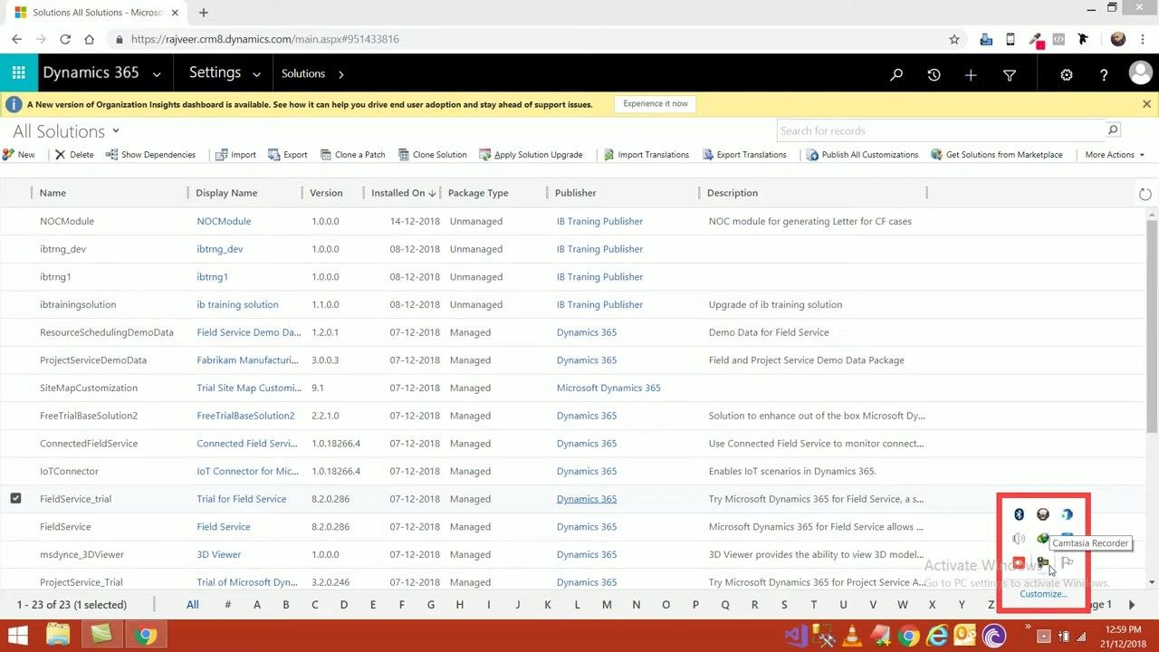 Main Dynamics 365 All Solutions screen, FieldService_trial selected.