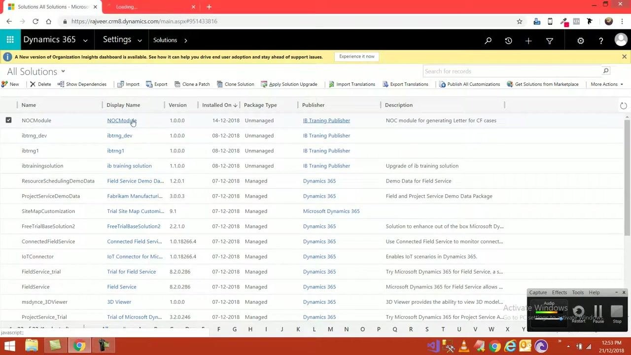 NOCModule solution selected, cursor over the Display Name link, red loading bar at the top.