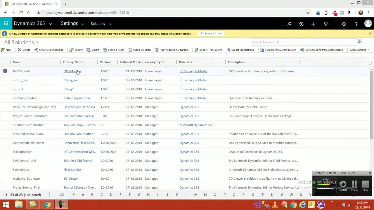 PowerApps solution component list for NOCModule, showing entities and toolbar options.