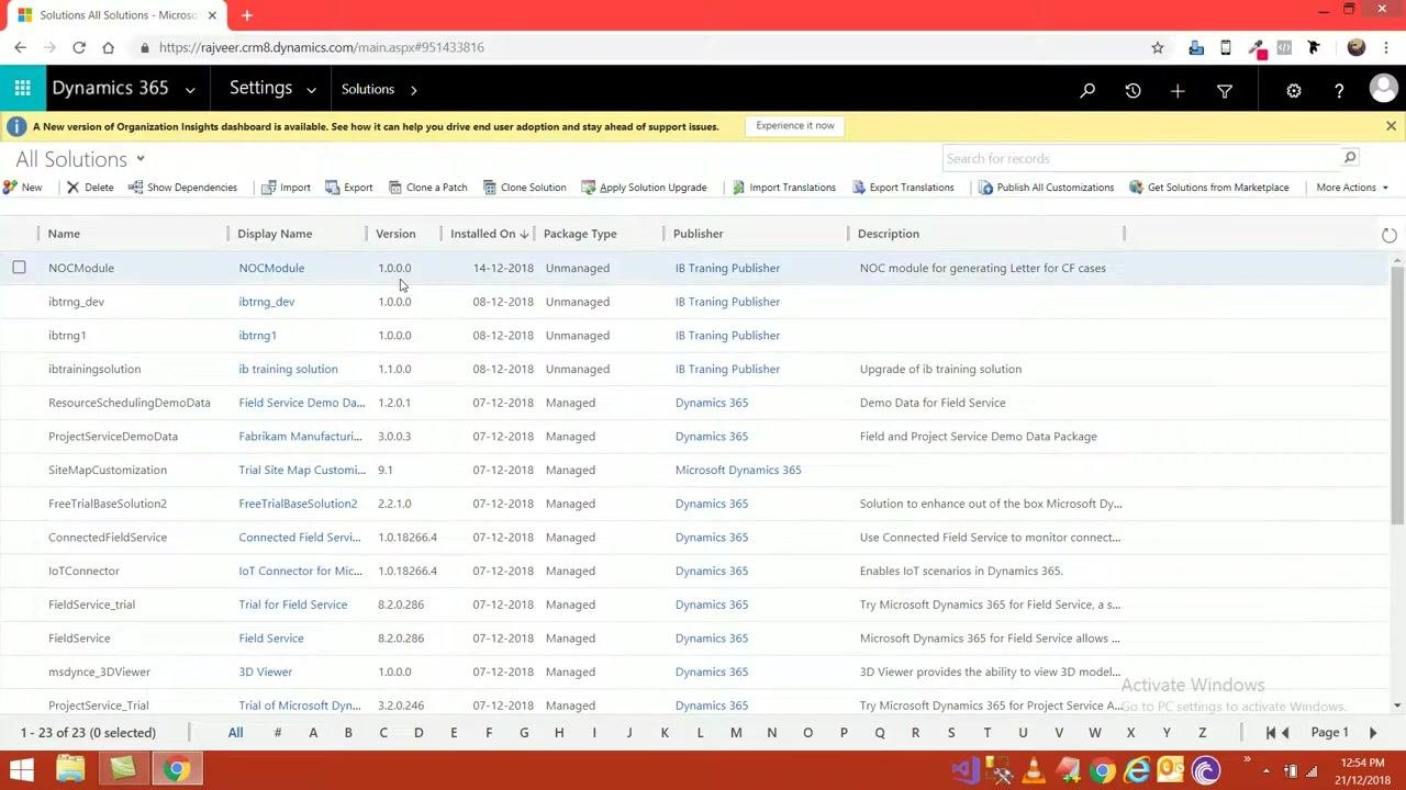 Returning to the Dynamics 365 Solutions list after viewing a solution's components.