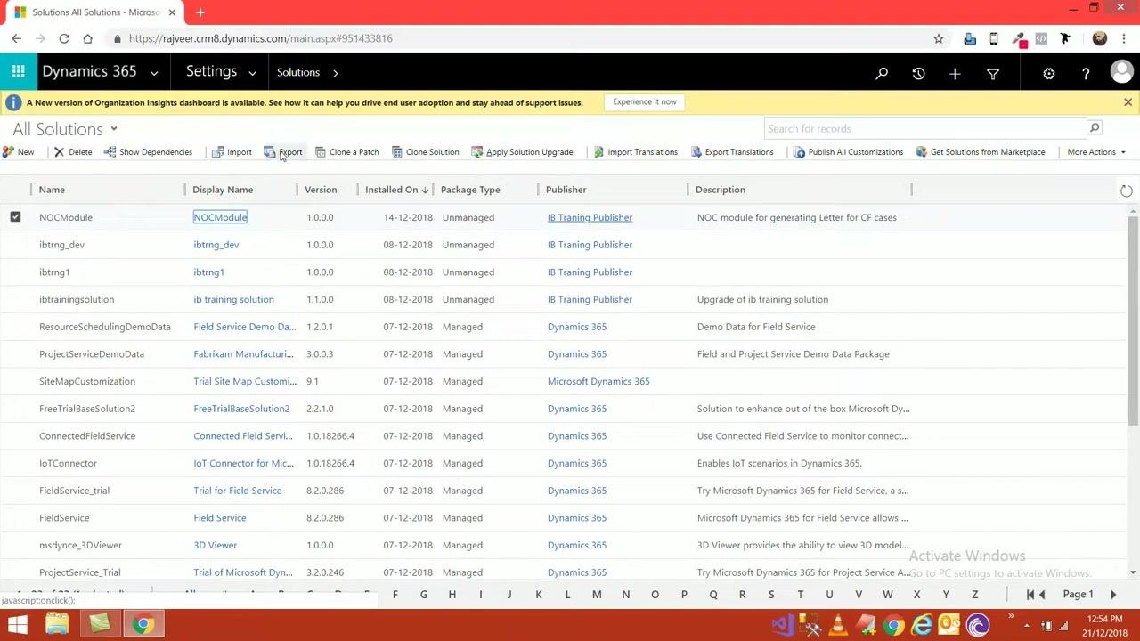 All Solutions page in Dynamics 365 with NOCModule selected and Export button visible.