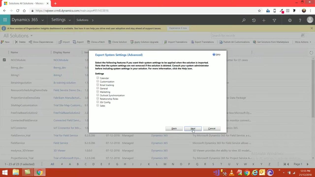 Export System Settings (Advanced) dialog with all settings options unchecked and Next button highlighted.