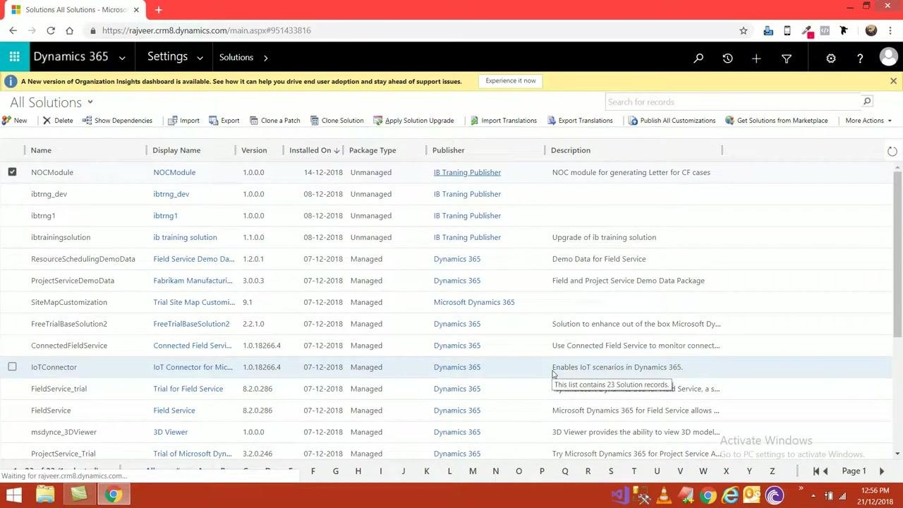 Package Type dialog with Unmanaged selected and Export button visible.