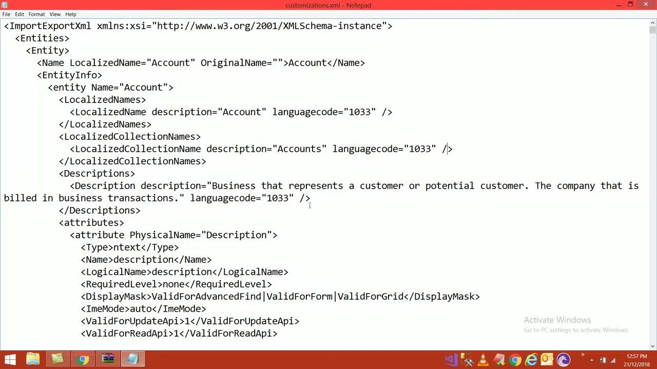 Notepad window displaying customizations.xml with Account entity and attribute definitions.