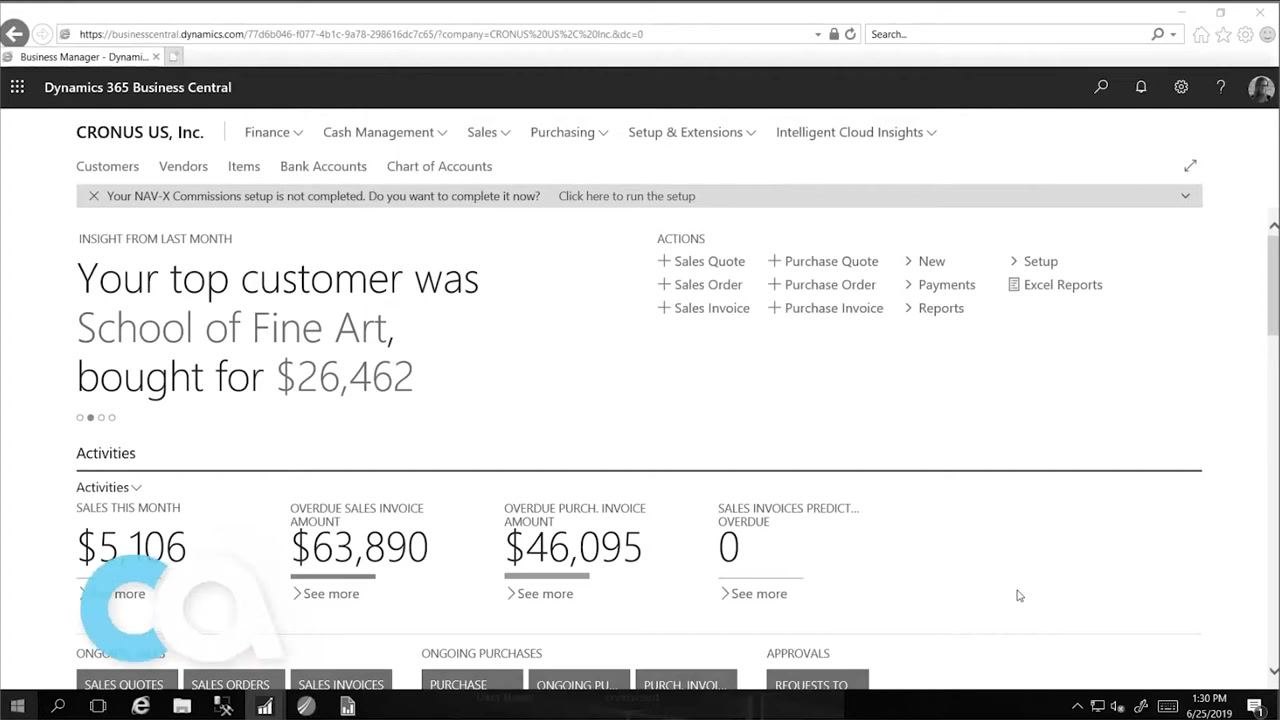 Dynamics 365 Business Central homepage showing company insights, activities, and quick actions