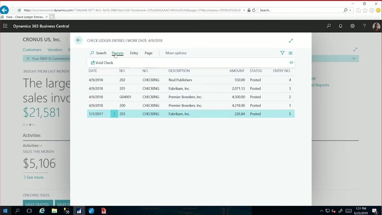 Process menu expanded with the "Void Check" option visible and the check entry selected