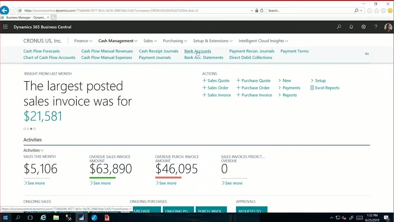 Cash Management menu expanded with "Bank Accounts" highlighted