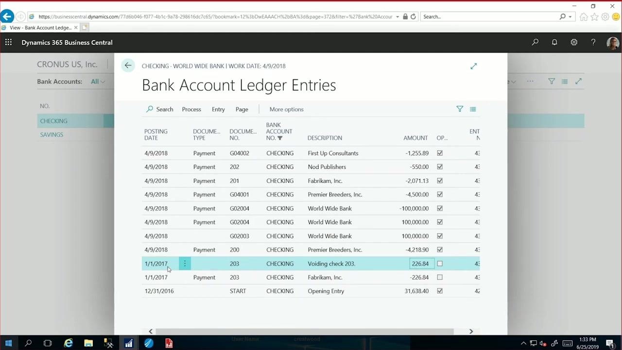 Bank Account Ledger Entries window showing both the original payment and the voiding entry for check 203, with posting date 1/1/2017