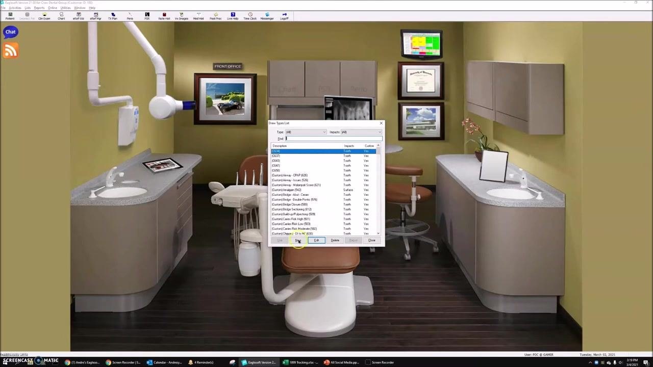 Draw Types List window open with the "New" button highlighted. The background shows a dental operatory with cabinets, dental chair, and equipment.