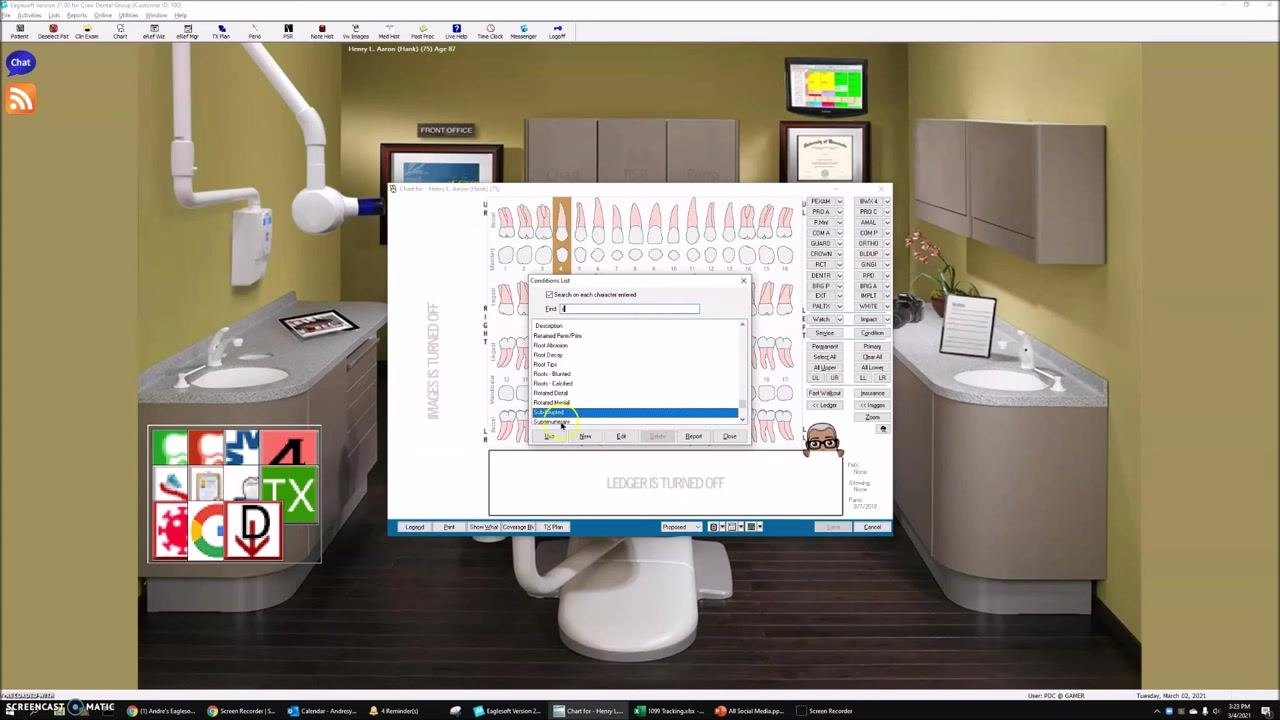Patient odontogram/chart open in Eaglesoft, showing all teeth. Dental operatory background.