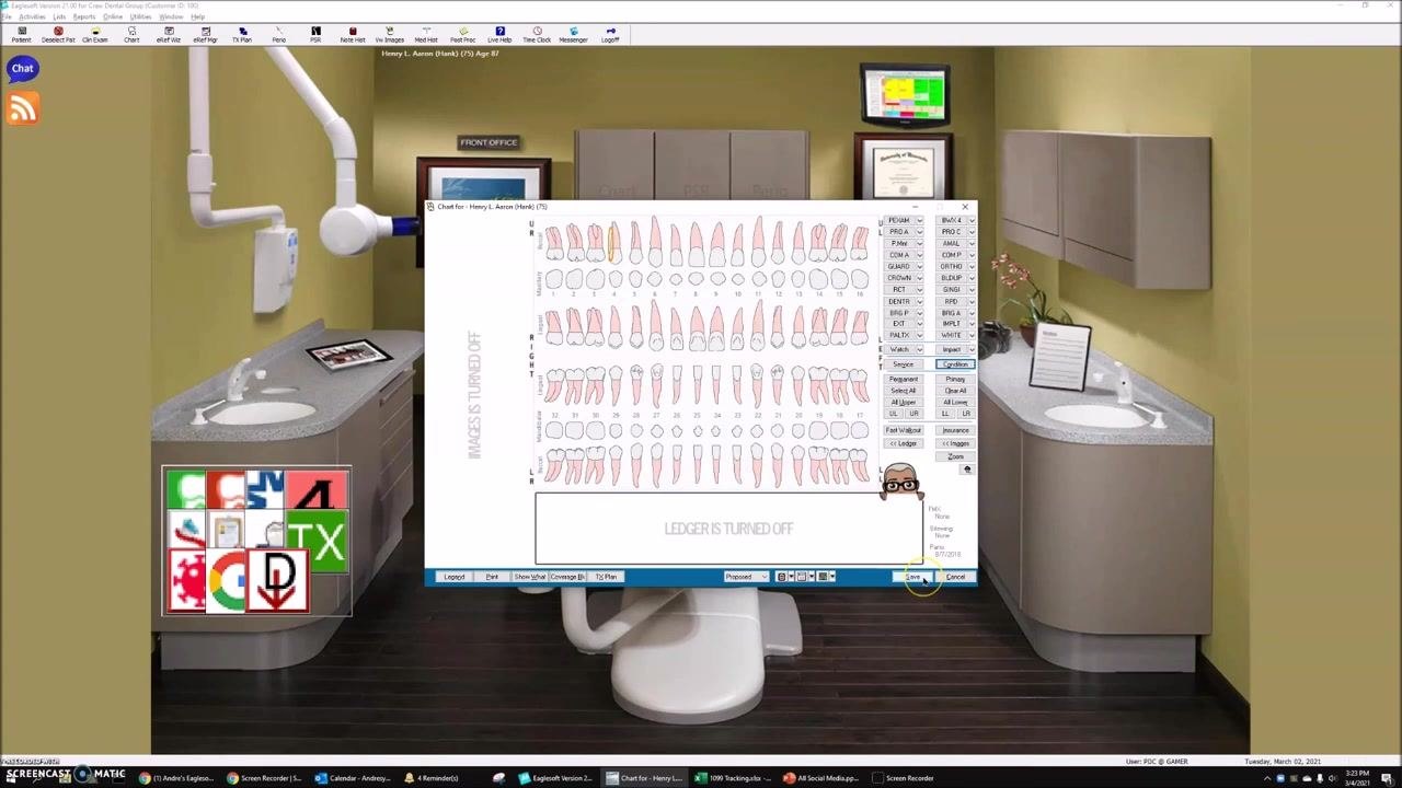 Conditions List open over the odontogram, with the "Supernumerary" condition selected, ready to be applied to a tooth.