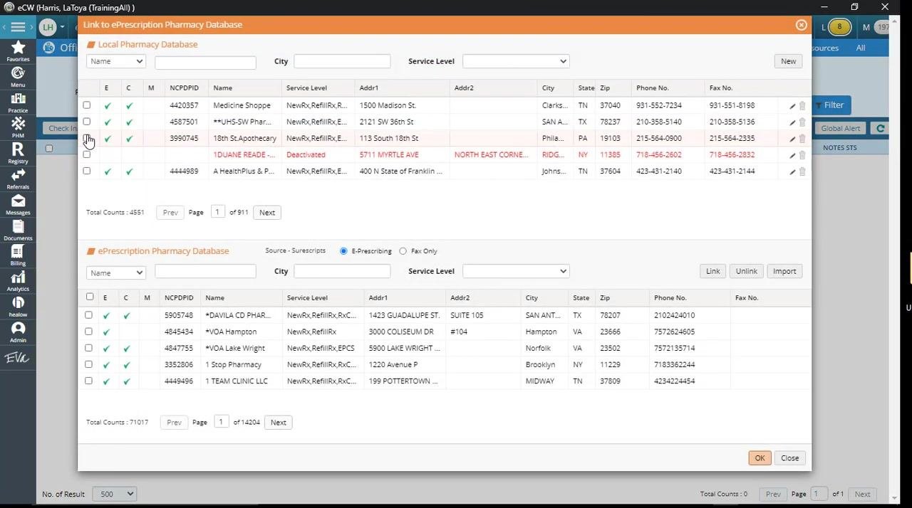 eClinicalWorks 11e main screen with the Tools menu expanded, showing the ePrescription and Linking Pharmacy options