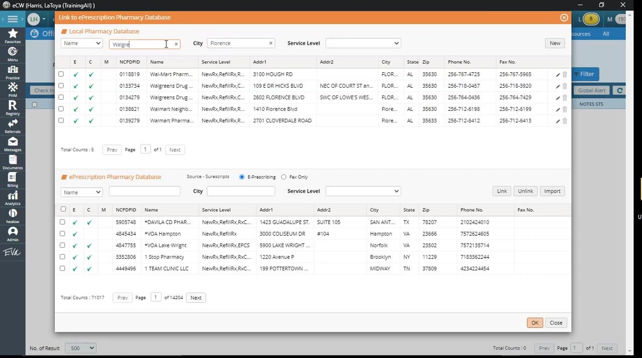 Local Pharmacy Database search fields filled in with Name: Walgreens and City: Florence, showing search results