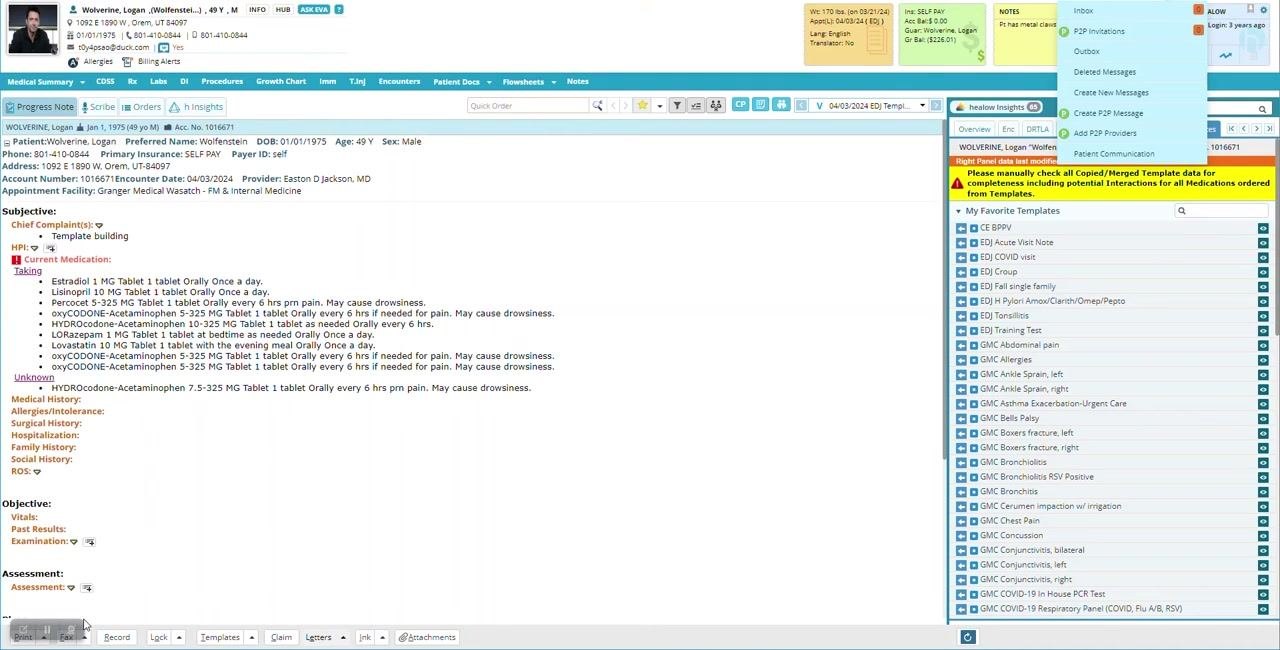 Patient chart open to the HPI section, showing patient demographics, chief complaints, current medications, and a list of favorite templates on the right