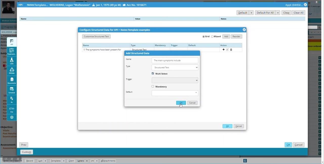 Add Structured Data dialog with "The main symptoms include," Structured Text, Multi Select option, and OK button highlighted