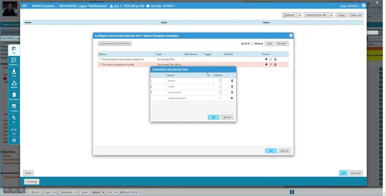 Customize Structured Text dialog showing options: fevers, chills, sore throat, abdominal pain